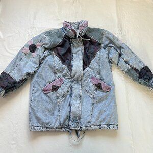 Vintage 90s denim coat womens large patchwork mid length quilted jean flowers